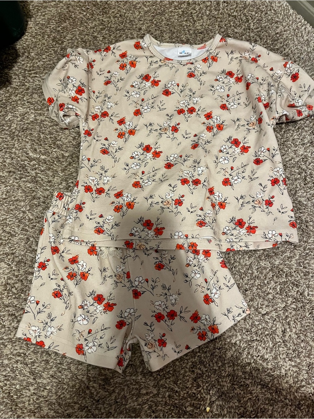 Girls Beige Floral Short Pajama Set with Red Flower Print